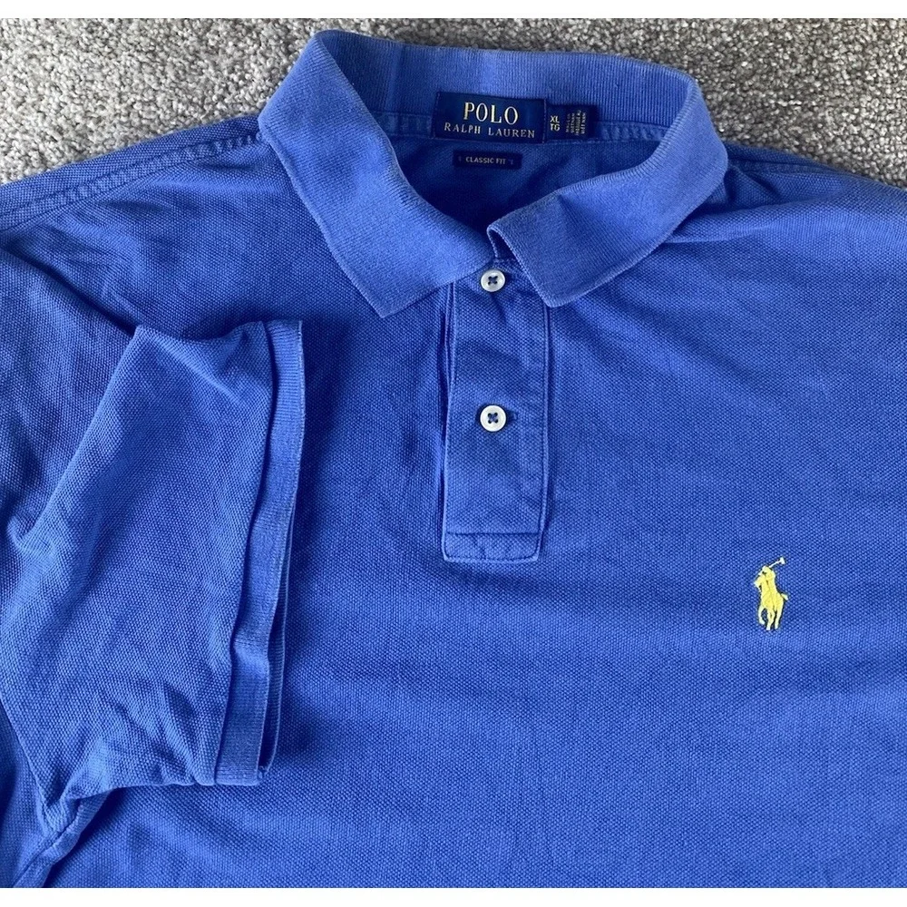Polo Ralph Lauren Solid Blue Polo Shirt Mens XL Yellow Pony Cotton Preppy Work
